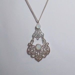 Long Iridescent Stone Filagree Necklace